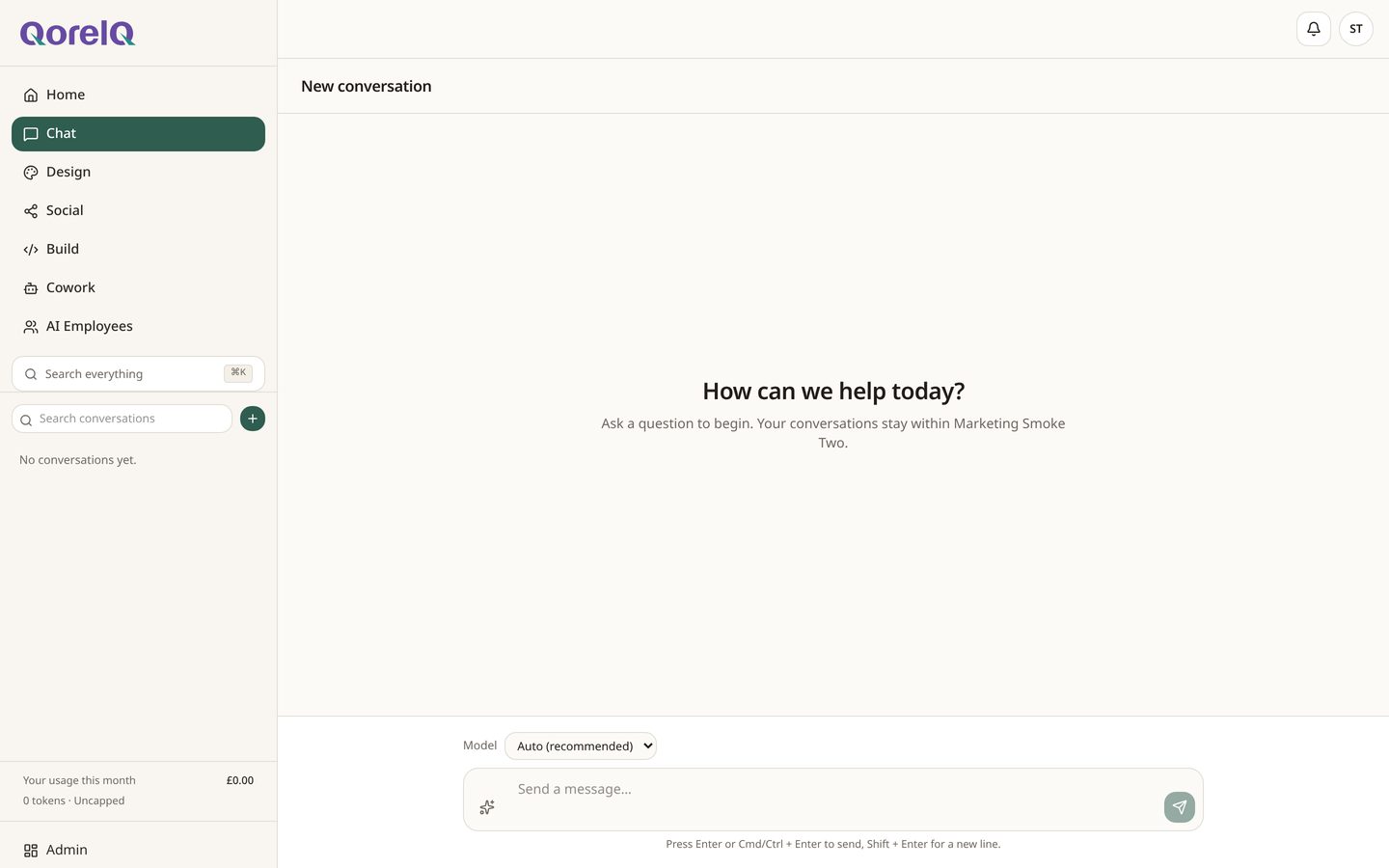 The QoreIQ chat workspace with the conversation list and composer