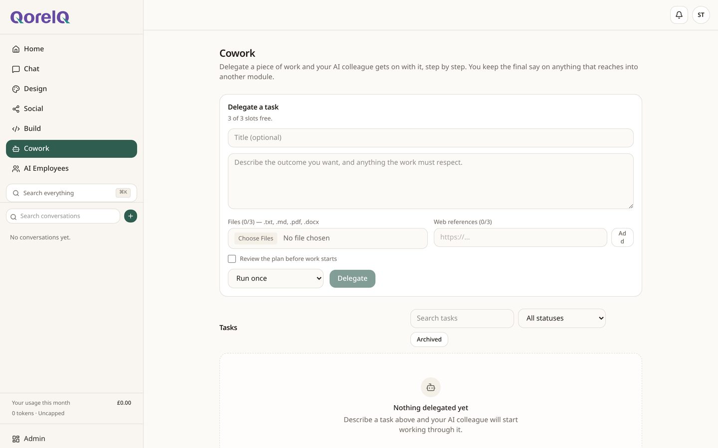 The Cowork task list in QoreIQ with delegated work and statuses
