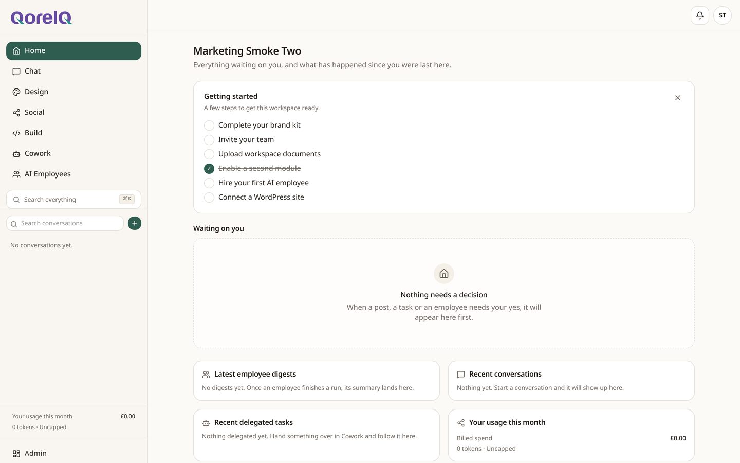 The QoreIQ workspace home, showing modules, work waiting on you and usage this month